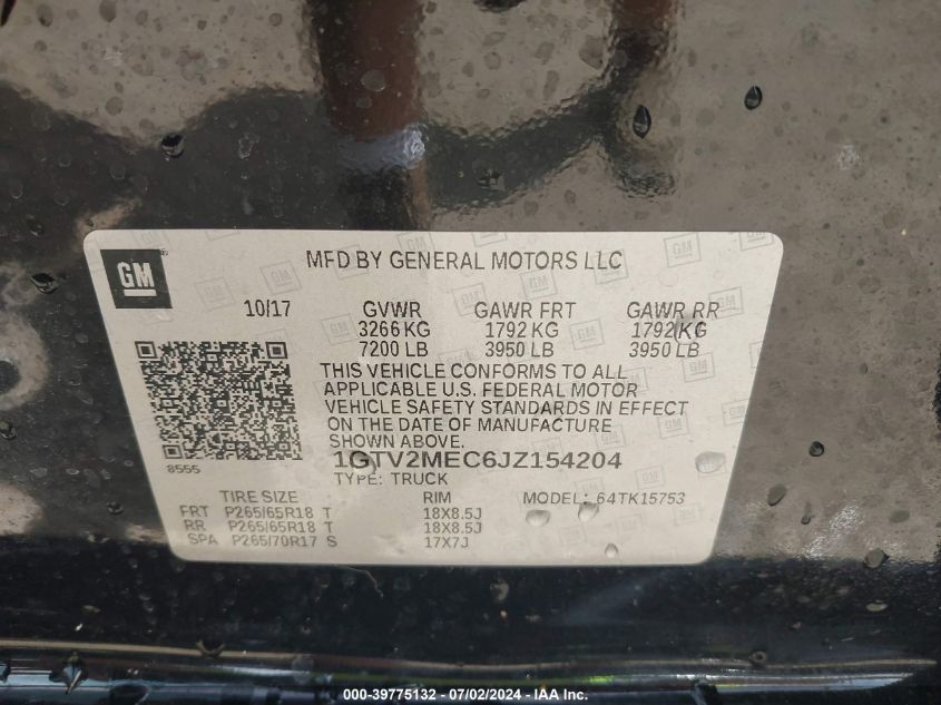 2018 GMC Sierra 1500 Sle VIN: 1GTV2MEC6JZ154204 Lot: 39775132