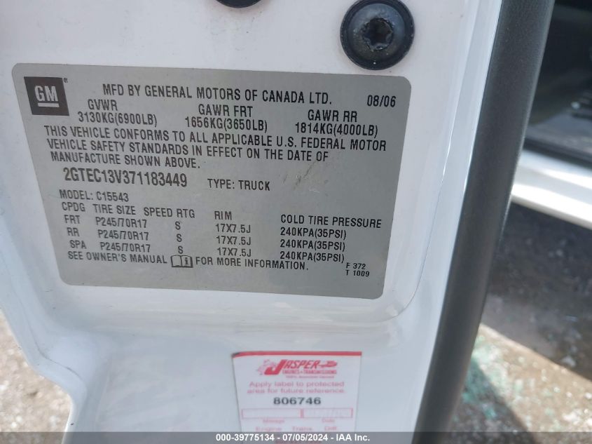 2007 GMC Sierra 1500 Classic Sl VIN: 2GTEC13V371183449 Lot: 39775134