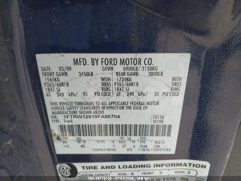 2009 Ford F-150 Xl/Xlt VIN: 1FTRW12819FA86704 Lot: 39775135