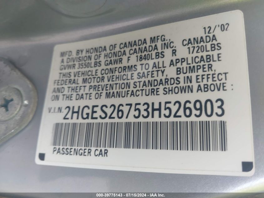 2003 Honda Civic Ex VIN: 2HGES26753H526903 Lot: 39775143