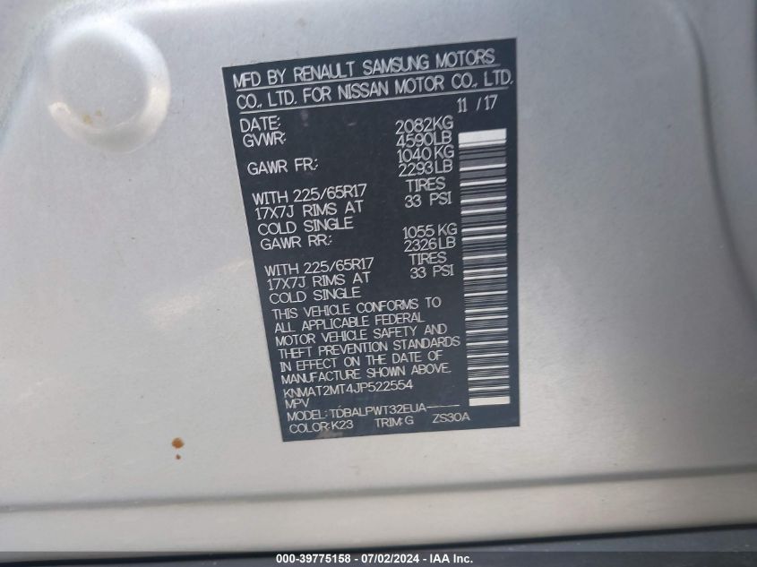2018 Nissan Rogue S VIN: KNMAT2MT4JP522554 Lot: 39775158