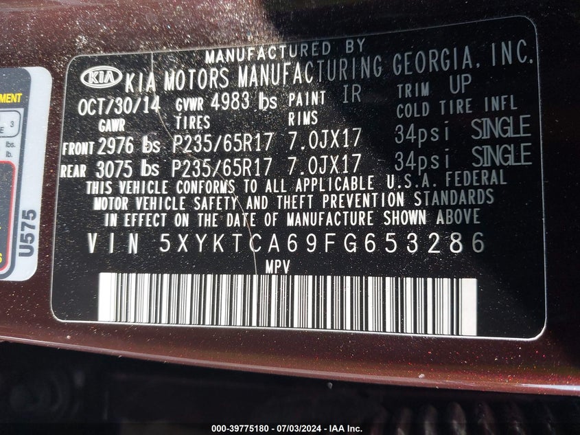 2015 Kia Sorento Lx VIN: 5XYKTCA69FG653286 Lot: 39775180