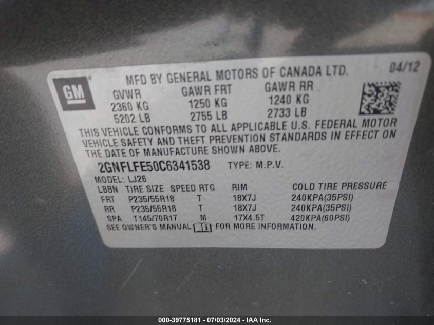 2012 Chevrolet Equinox Ltz VIN: 2GNFLFE50C6341538 Lot: 39775181