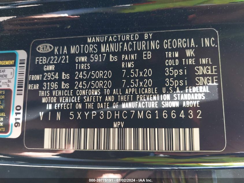 2021 Kia Telluride Ex VIN: 5XYP3DHC7MG166432 Lot: 39775191