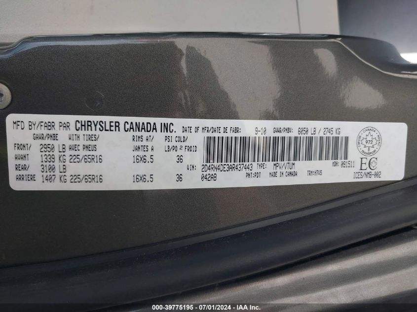 2010 Dodge Grand Caravan Se VIN: 2D4RN4DE3AR437443 Lot: 39775195