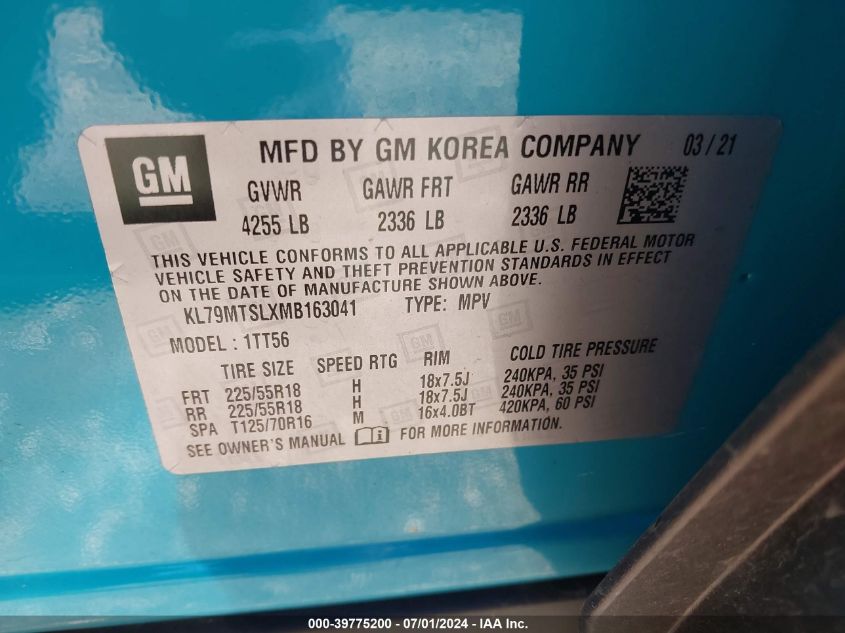 2021 Chevrolet Trailblazer Fwd Rs VIN: KL79MTSLXMB163041 Lot: 39775200