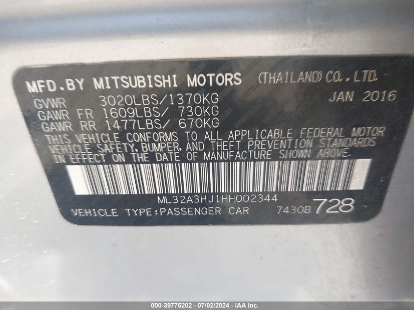 2017 Mitsubishi Mirage Es VIN: ML32A3HJ1HH002344 Lot: 39775202