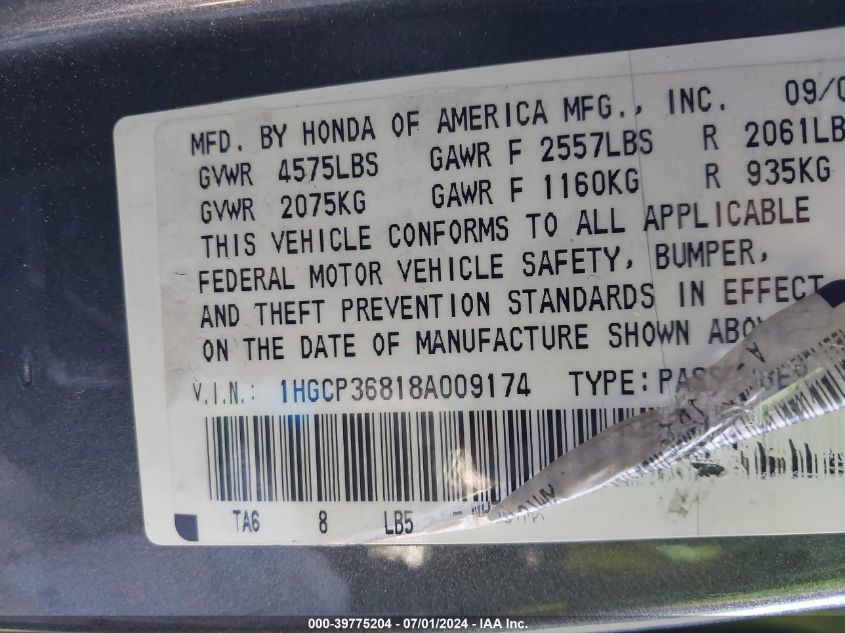 1HGCP36818A009174 2008 Honda Accord 3.5 Ex-L