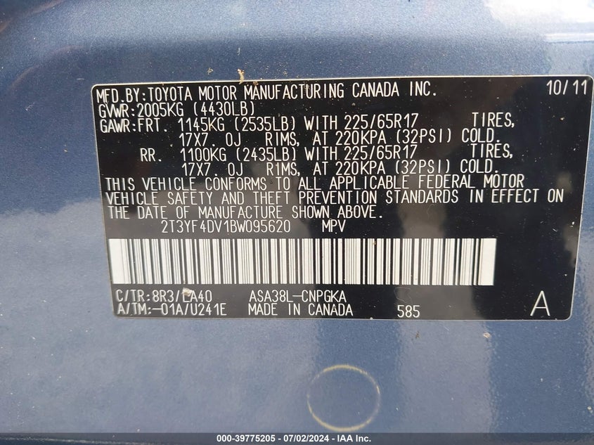 2011 Toyota Rav4 Limited VIN: 2T3YF4DV1BW095620 Lot: 39775205