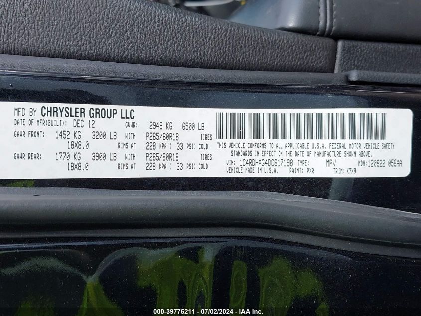 2013 Dodge Durango Sxt VIN: 1C4RDHAG4DC617198 Lot: 39775211