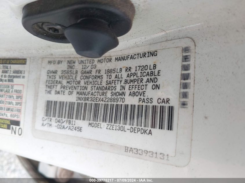 2004 Toyota Corolla Ce/Le/S VIN: 1NXBR32EX4Z288970 Lot: 39775217