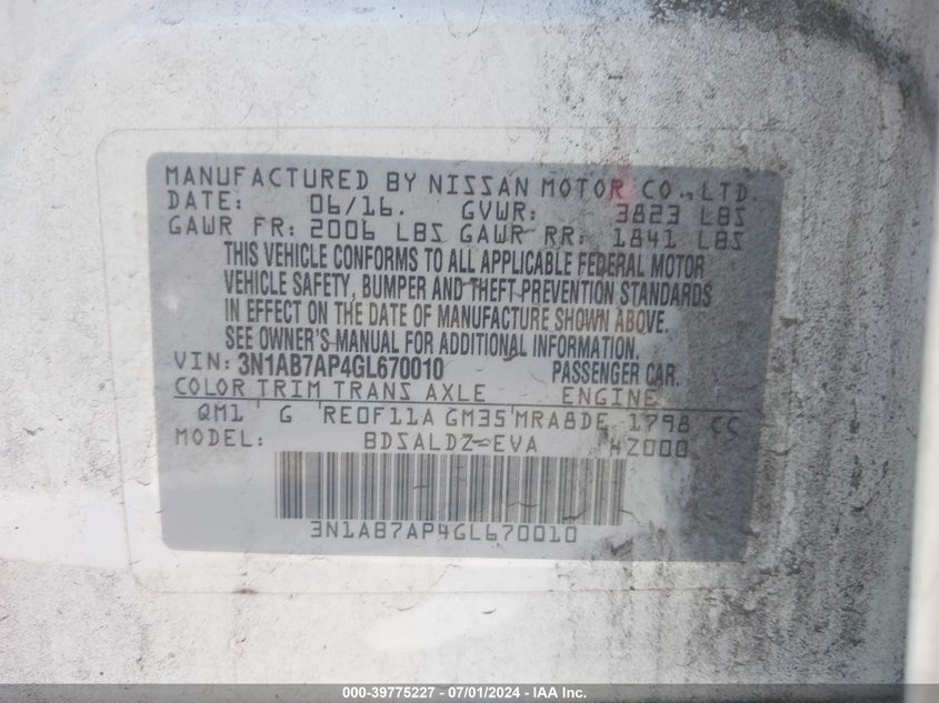 2016 Nissan Sentra Fe+ S/S/Sl/Sr/Sv VIN: 3N1AB7AP4GL670010 Lot: 39775227