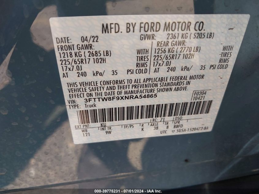 2022 Ford Maverick Xl VIN: 3FTTW8F9XNRA54865 Lot: 39775231