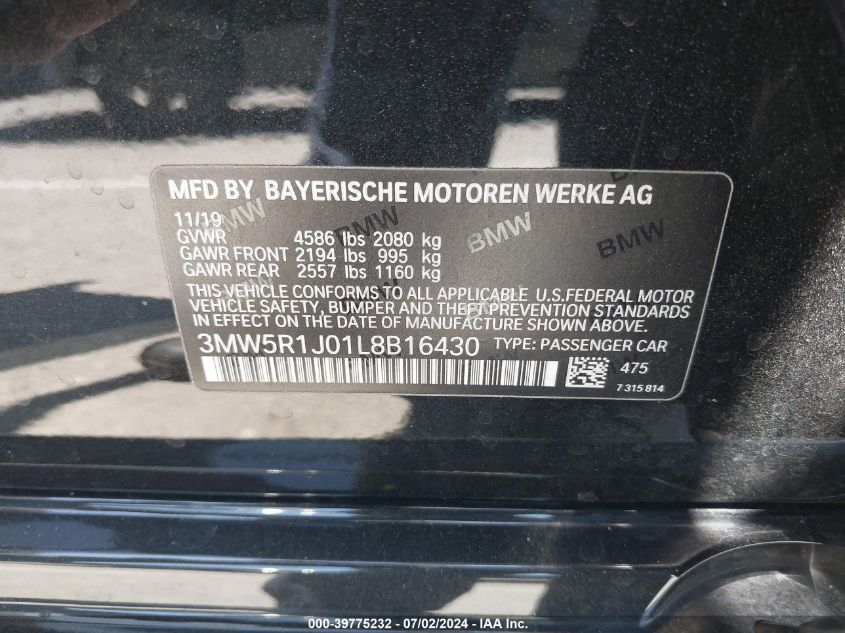 2020 BMW 330I VIN: 3MW5R1J01L8B16430 Lot: 39775232