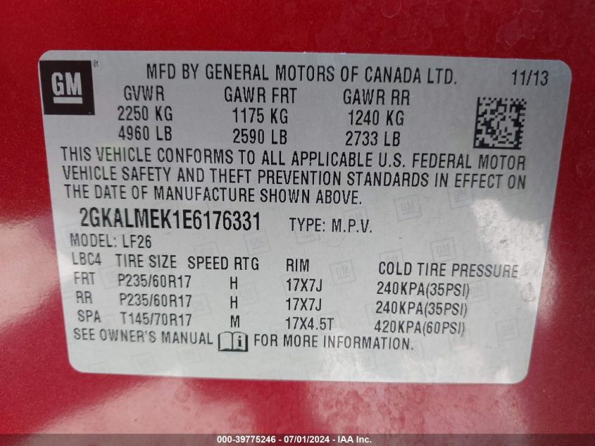 2014 GMC Terrain Sle-1 VIN: 2GKALMEK1E6176331 Lot: 39775246