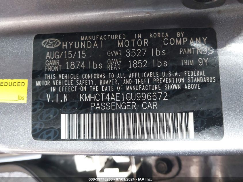 2016 Hyundai Accent Se VIN: KMHCT4AE1GU996672 Lot: 39775250