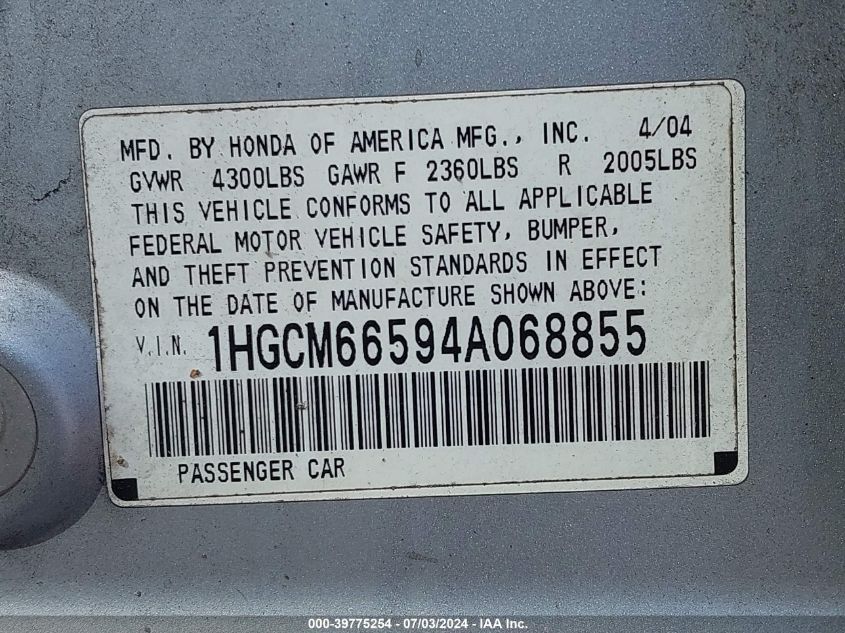 2004 Honda Accord 3.0 Ex VIN: 1HGCM66594A068855 Lot: 39775254