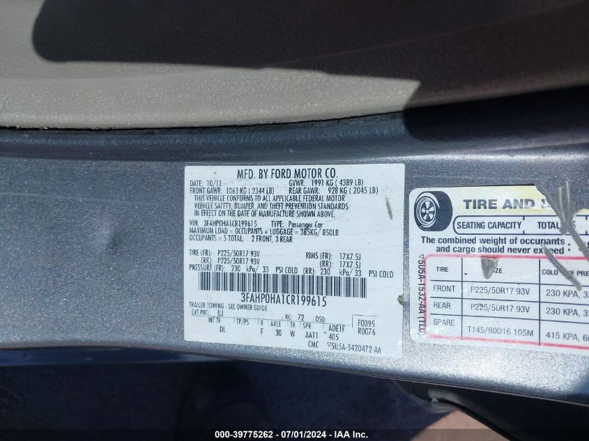 2012 Ford Fusion Se VIN: 3FAHP0HA1CR199615 Lot: 39775262