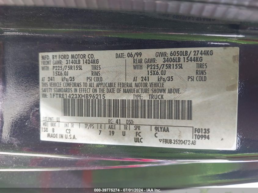 1999 Ford E-150 Commercial/Recreational VIN: 1FTRE1423XHB96215 Lot: 39775274