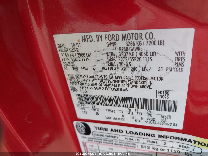 2011 Ford F-150 Platinum VIN: 1FTFW1EFXBFD28845 Lot: 39775276