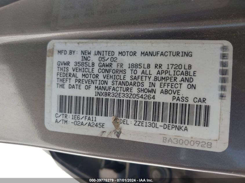 2003 Toyota Corolla Le VIN: 1NXBR32E33Z054264 Lot: 39775279