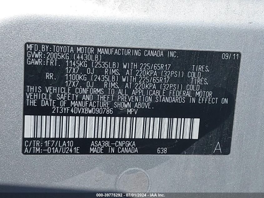 2011 Toyota Rav4 Limited VIN: 2T3YF4DVXBW090786 Lot: 39775292