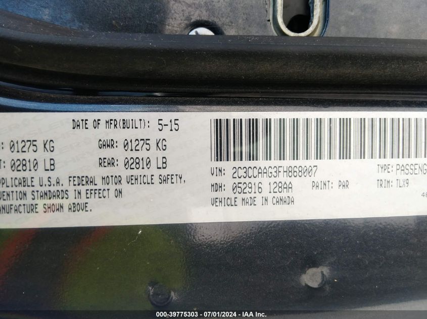 2015 Chrysler 300 Limited VIN: 2C3CCAAG3FH868007 Lot: 39775303