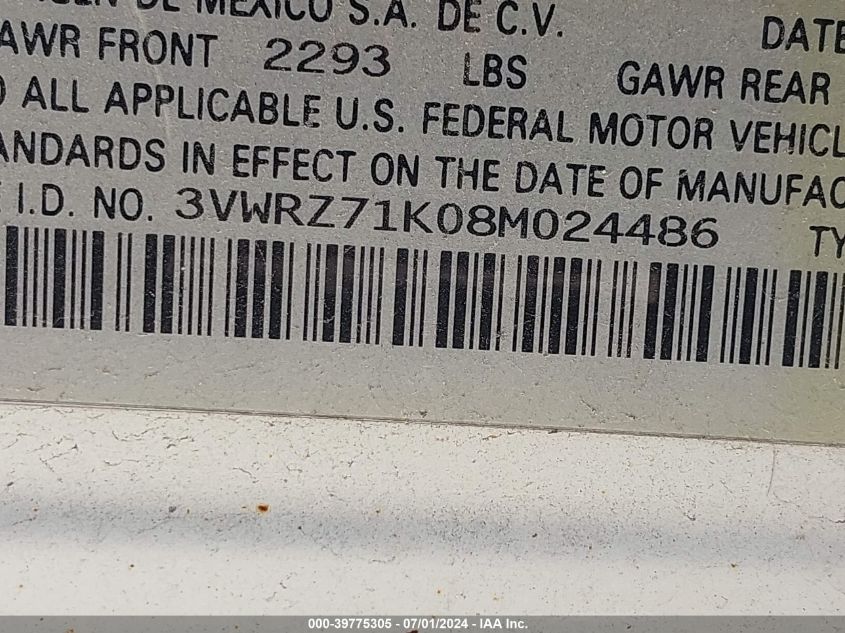 2008 Volkswagen Jetta Se/Sel VIN: 3VWRZ71K08M024486 Lot: 39775305