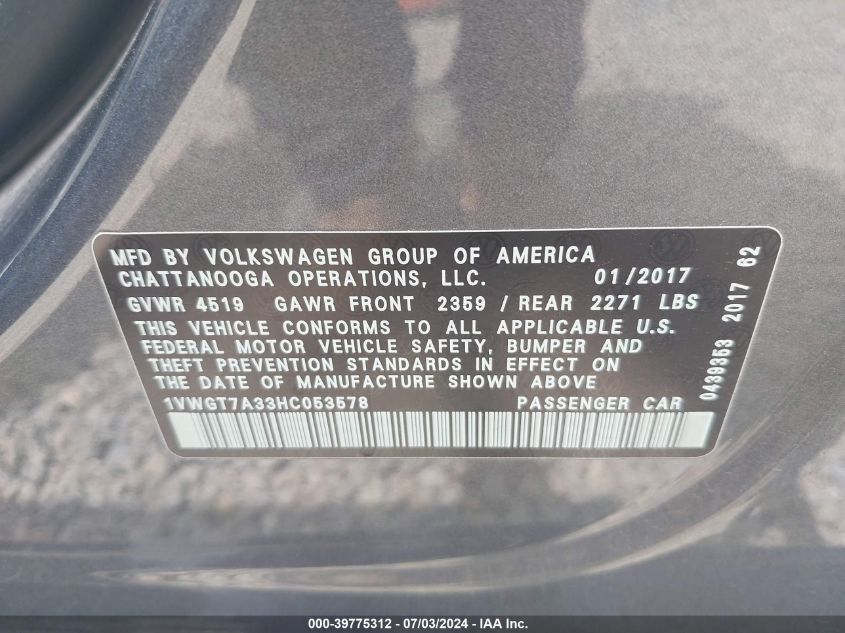 2017 Volkswagen Passat 1.8T Se VIN: 1VWGT7A33HC053578 Lot: 39775312