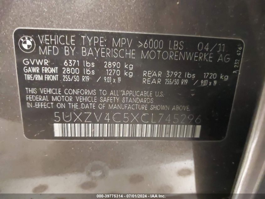 2012 BMW X5 xDrive35I/xDrive35I Premium/xDrive35I Sport Activity VIN: 5UXZV4C5XCL745296 Lot: 39775314