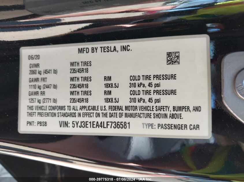 2020 Tesla Model 3 Standard Range Plus Rear-Wheel Drive/Standard Range Rear-Wheel Drive VIN: 5YJ3E1EA4LF736581 Lot: 39775318