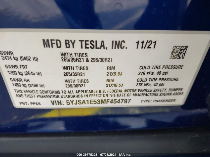 2021 Tesla Model S Long Range Dual Motor All-Wheel Drive VIN: 5YJSA1E53MF454797 Lot: 39775326