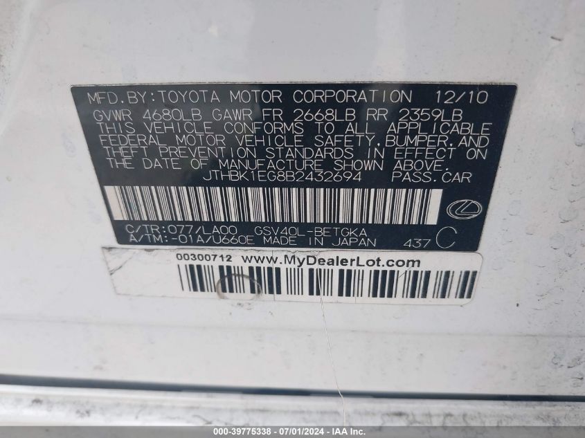 2011 Lexus Es 350 VIN: JTHBK1EG8B2432694 Lot: 39775338