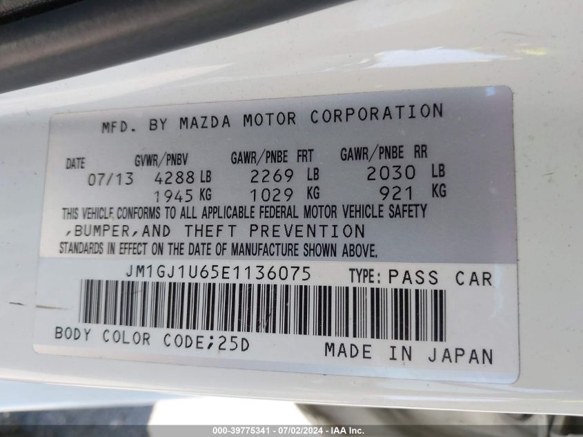 2014 Mazda Mazda6 I Sport VIN: JM1GJ1U65E1136075 Lot: 39775341