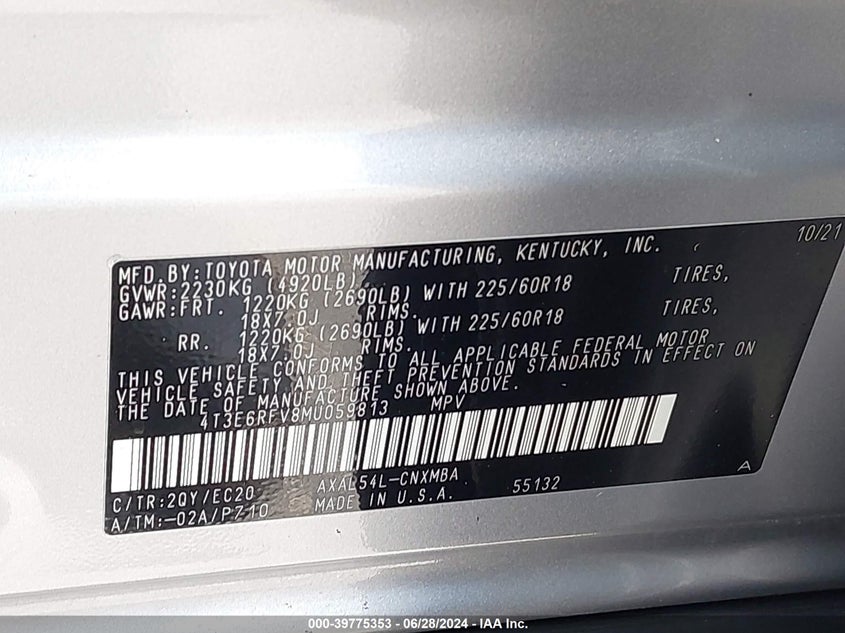 VIN 4T3E6RFV8MU059813 2021 TOYOTA RAV4 HYBRID XSE