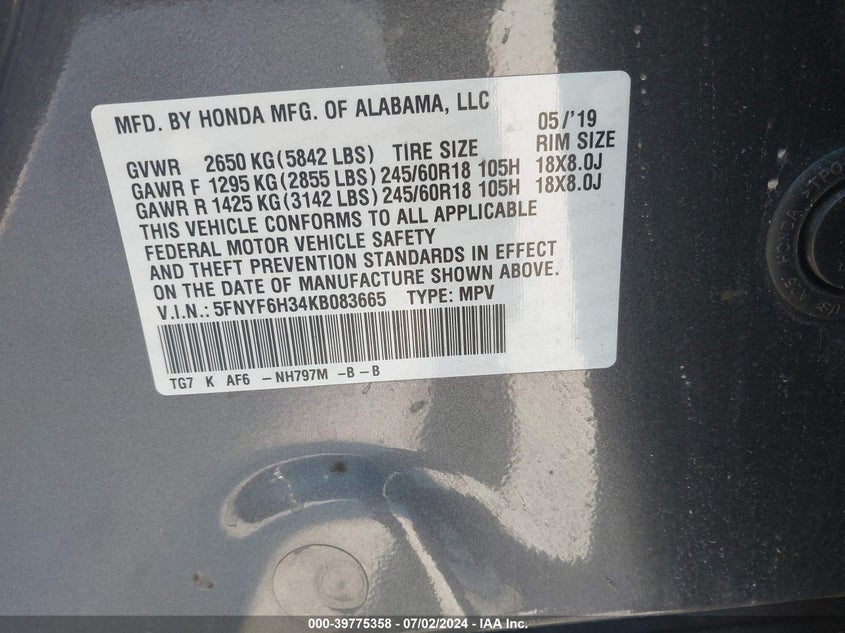 VIN 5FNYF6H34KB083665 2019 HONDA PILOT EX