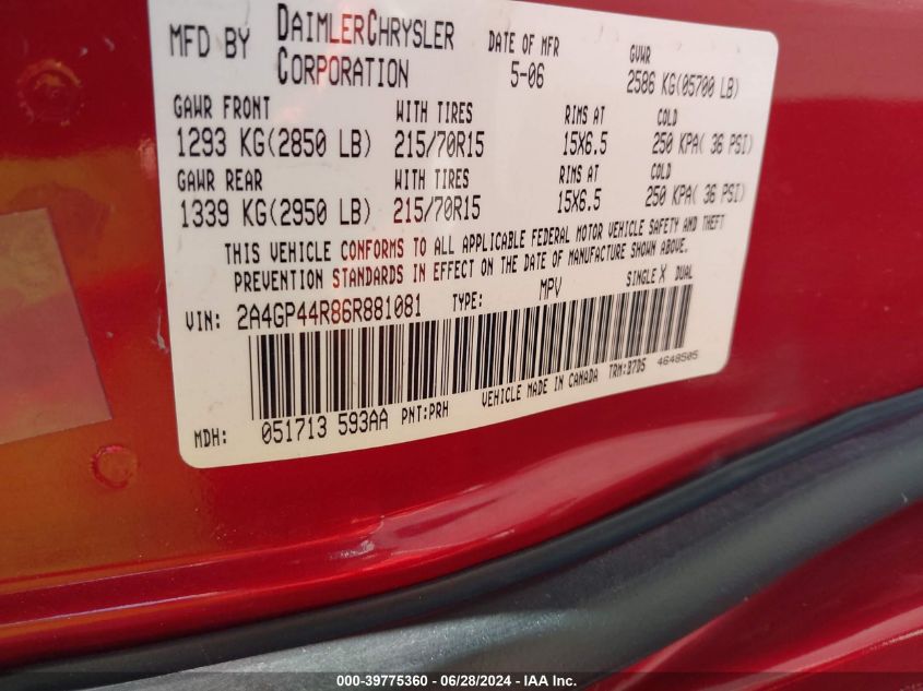 2006 Chrysler Town & Country Lx VIN: 2A4GP44R86R881081 Lot: 39775360