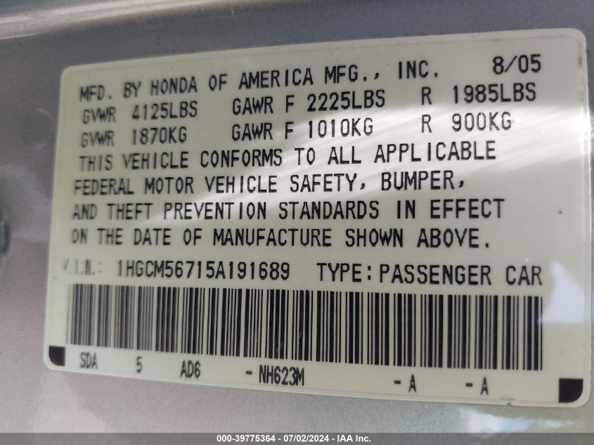2005 Honda Accord 2.4 Ex VIN: 1HGCM56715A191689 Lot: 39775364