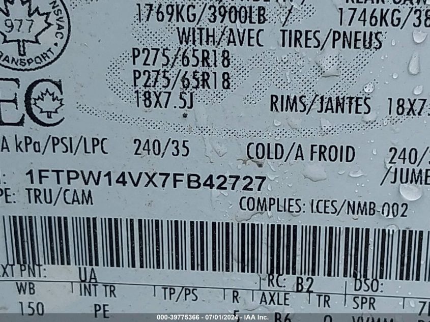 2007 Ford F-150 Fx4/Lariat/Xlt VIN: 1FTPW14VX7FB42727 Lot: 39775366