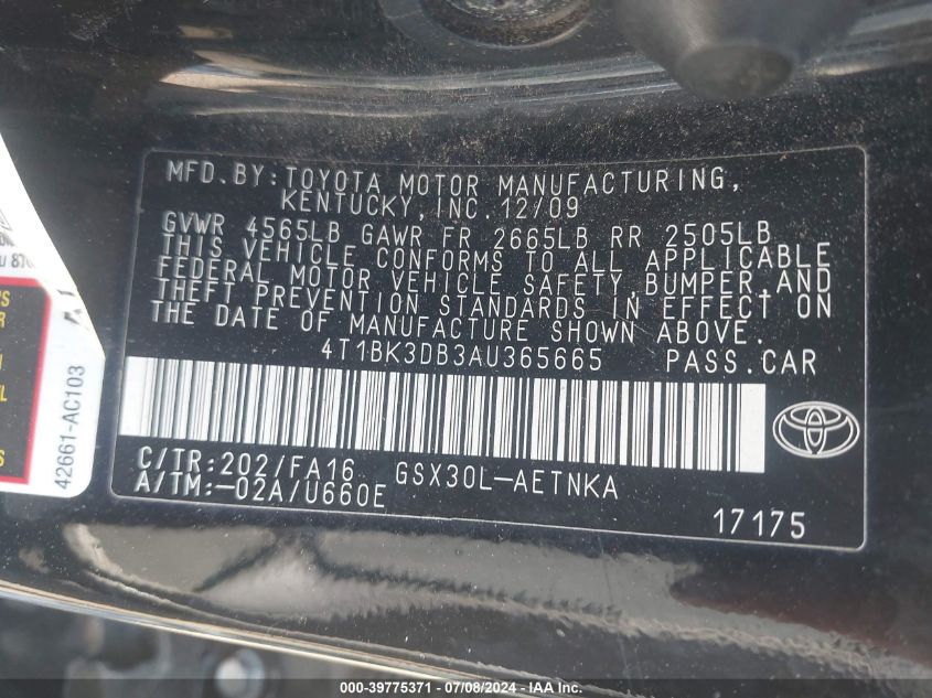 2010 Toyota Avalon Xl VIN: 4T1BK3DB3AU365665 Lot: 39775371