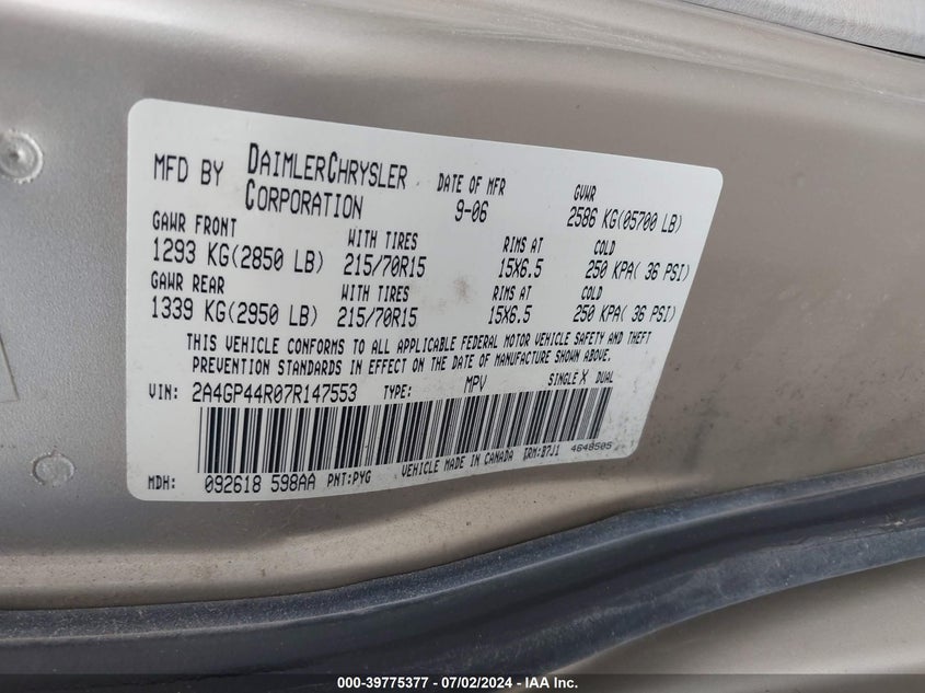 2007 Chrysler Town & Country Lx VIN: 2A4GP44R07R147553 Lot: 39775377