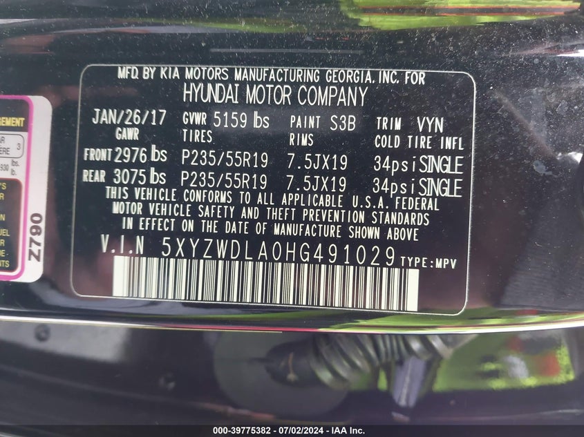 2017 Hyundai Santa Fe Sport 2.0T Ultimate VIN: 5XYZWDLA0HG491029 Lot: 39775382