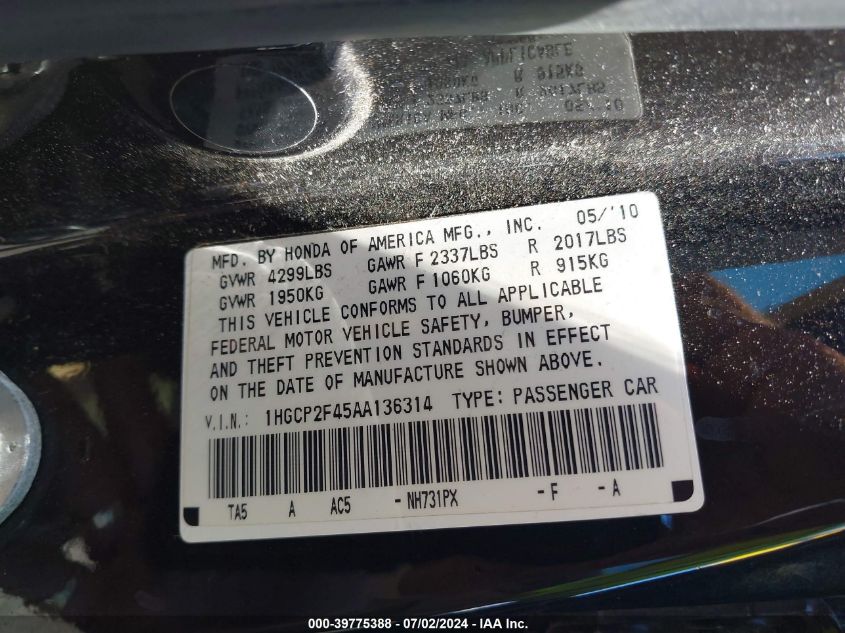 2010 Honda Accord 2.4 Lx-P VIN: 1HGCP2F45AA136314 Lot: 39775388