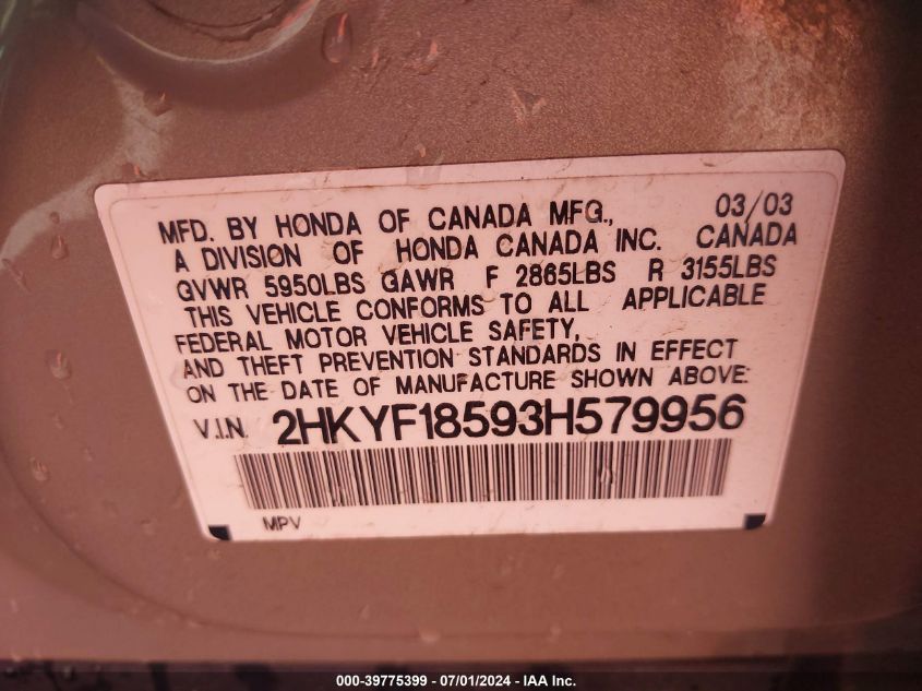 2003 Honda Pilot Ex-L VIN: 2HKYF18593H579956 Lot: 39775399