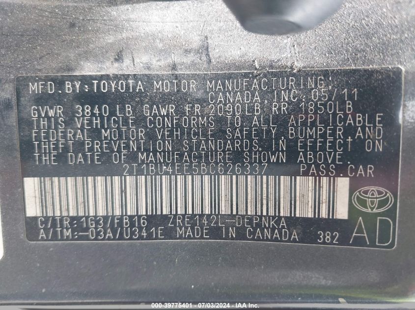 2011 Toyota Corolla Le VIN: 2T1BU4EE5BC626337 Lot: 39775401