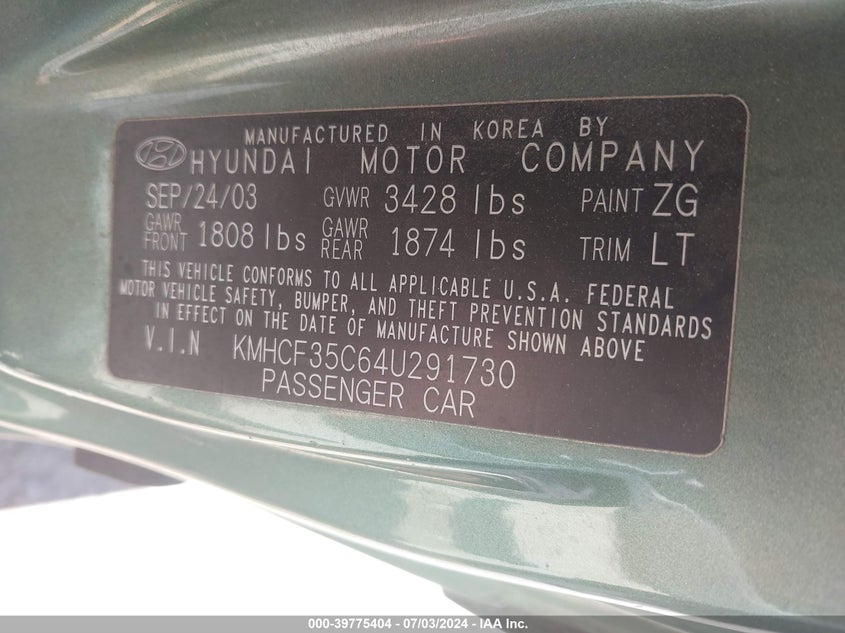 2004 Hyundai Accent VIN: KMHCF35C64U291730 Lot: 39775404