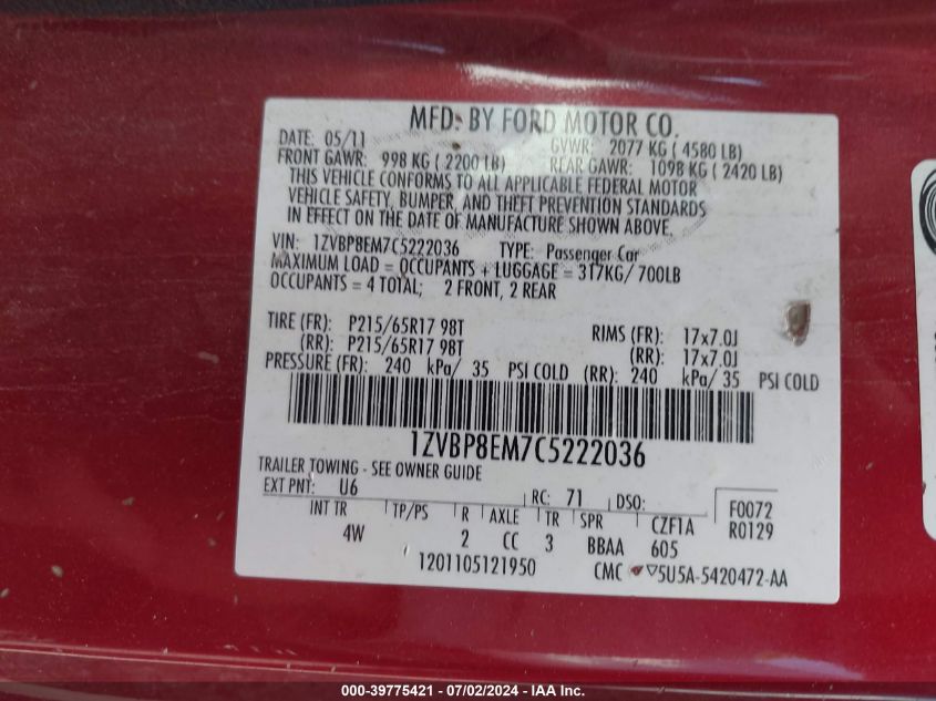 2012 Ford Mustang V6 Premium VIN: 1ZVBP8EM7C5222036 Lot: 39775421