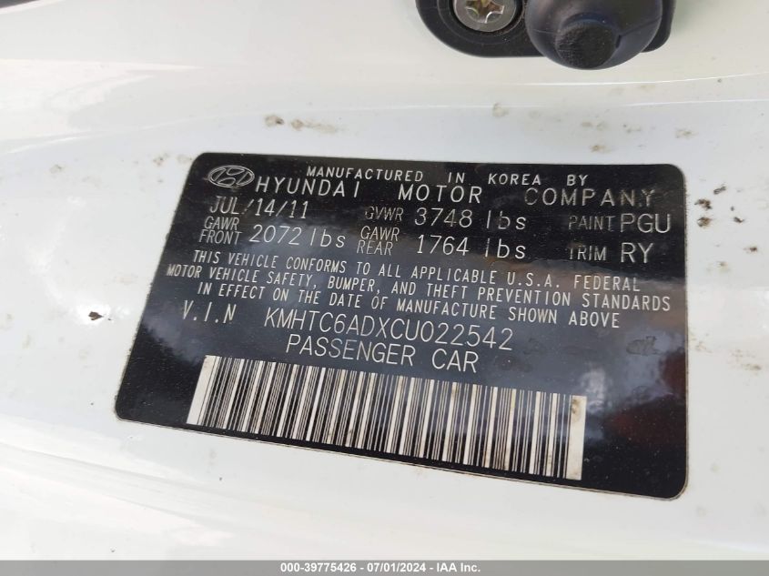 2012 Hyundai Veloster Base W/Gray VIN: KMHTC6ADXCU022542 Lot: 39775426