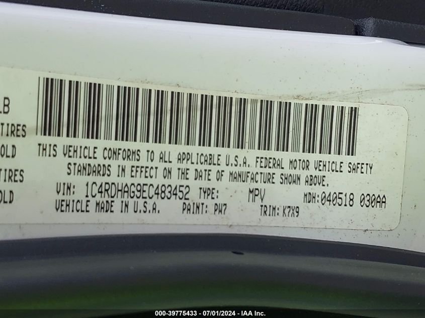 2014 Dodge Durango Sxt VIN: 1C4RDHAG9EC483452 Lot: 39775433
