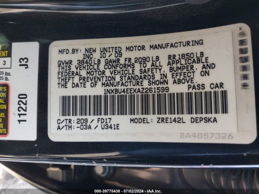 2010 Toyota Corolla S VIN: 1NXBU4EEXAZ261599 Lot: 39775438